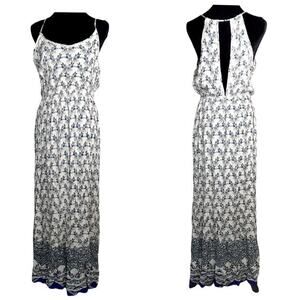 $118 NEW AQUA Floral Maxi Dress MED Boho‎ Romantic Cottagecore Gauze White Blue